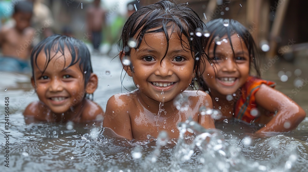 Children Joyfully Playing with Clean Water in a Rural Village: Showcasing the Vital Importance of Safe Water Access Children Joyfully Playing with Clean Water in a Rural Village: Showcasing the Vital Importance of Safe Water Access