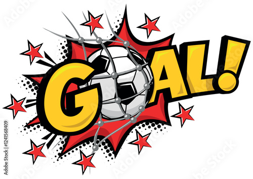 Goal football soccer comic icon. Ball in gate net and explosion text speech bubble. Vector sticker template on transparent background