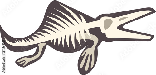Fossilized skeleton of an extinct aquatic reptile swimming in prehistoric waters