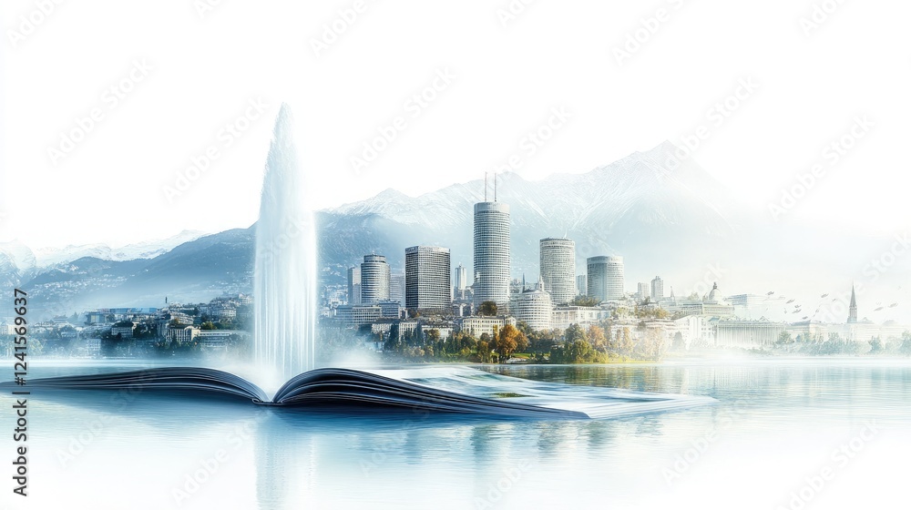 Obraz premium Geneva Jet fountain and United Nations building appear dynamically from a book pages. White background.