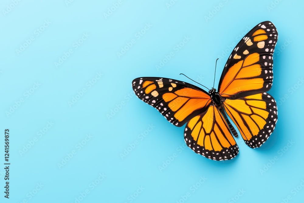 A vibrant monarch butterfly resting on a soft blue background. A vibrant monarch butterfly resting on a soft blue background.