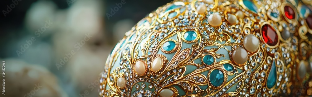 A detailed close-up of a FabergÃ?-style Easter egg with intricate gold and gemstone patterns, royal and luxurious theme A detailed close-up of a FabergÃ?-style Easter egg with intricate gold and gemstone patterns, royal and luxurious theme
