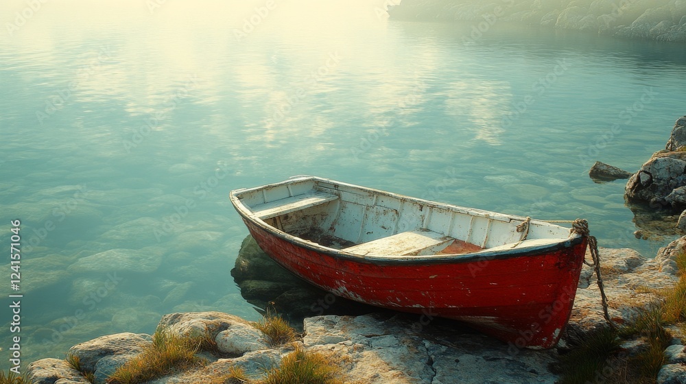 Obraz premium Tranquility at Sea: A Lone Fishing Boat by the Rocky Shoreline Under Cloudy Skies in a Remote Coastal Landscape
