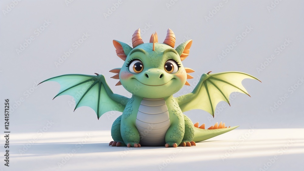 Naklejka premium Cute Adorable Smiling Dragon with Flying Wings and horn isolated on white background. Dragon Cartoon Character for Kids Story Books, School Books, Worksheets and Comics.