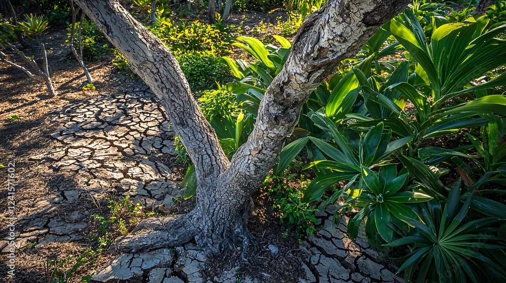 Fototapeta premium tree stands in the center of the frame, with cracked dry earth on the left and lush green plants on the right. The tree is in the center of the picture. The left side represents drought and 