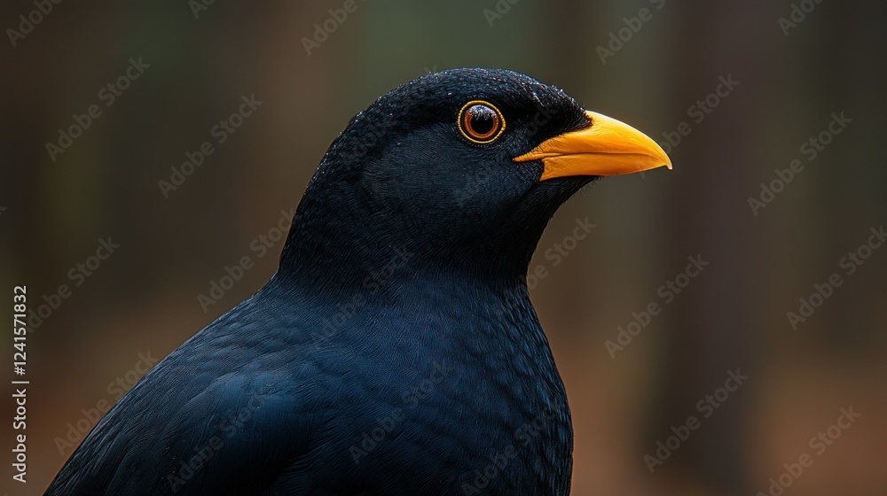 Obraz premium Black bird profile, forest background, wildlife photography, nature