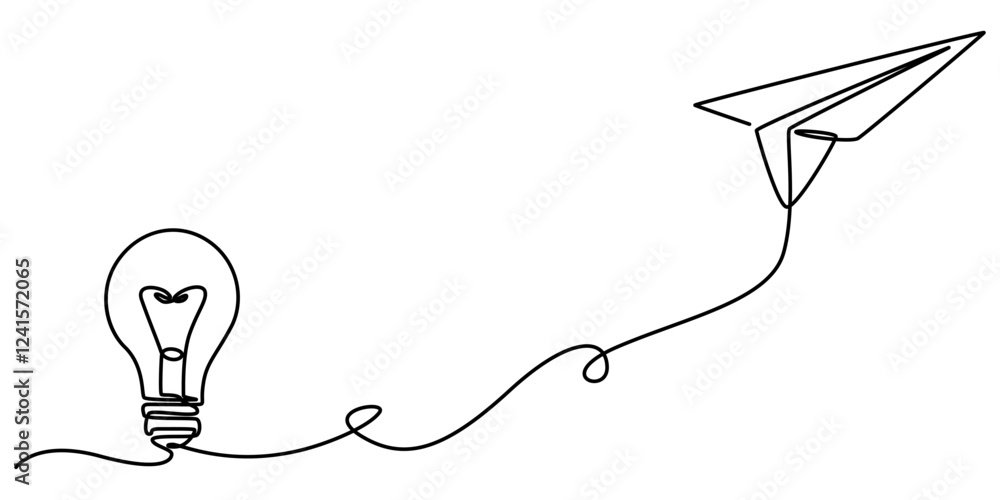 Fototapeta premium Paper plane flying up connected with light bulb in one continuous line drawing. Airplane in outline style. Startup business idea concept with editable stroke. Vector illustration, pro vector on white.