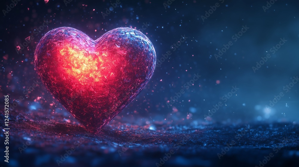 Low poly heart symbol illuminated with glowing particles in a dynamic abstract background. Space for text Low poly heart symbol illuminated with glowing particles in a dynamic abstract background. Space for text