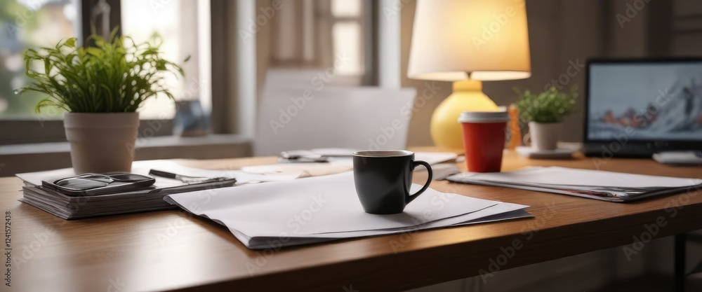 Desk with paper and coffee cup in the background , peaceful room, office Desk with paper and coffee cup in the background , peaceful room, office