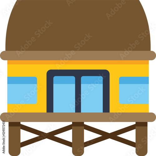 Simple, minimalist vector illustration of a tropical bungalow with brown roof, yellow walls, and large windows, built on wooden stilts over water