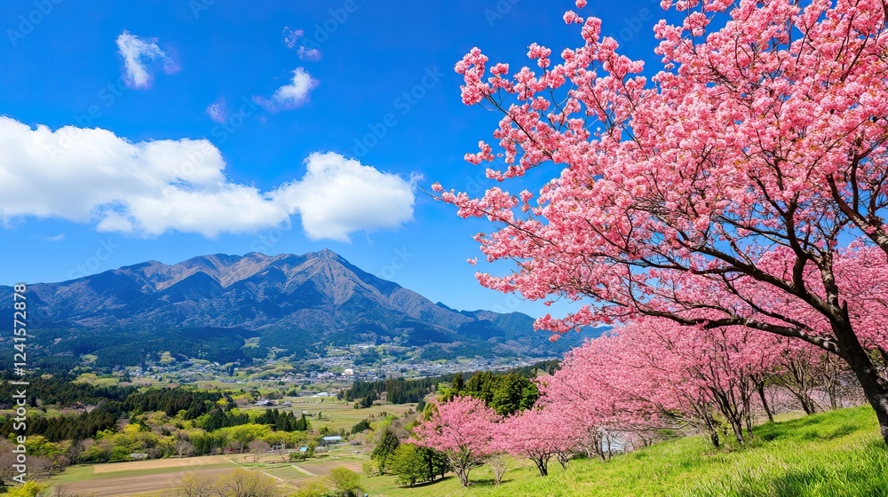 A picturesque landscape featuring vibrant cherry blossoms against a backdrop of mountains and a clear blue sky. A picturesque landscape featuring vibrant cherry blossoms against a backdrop of mountains and a clear blue sky.