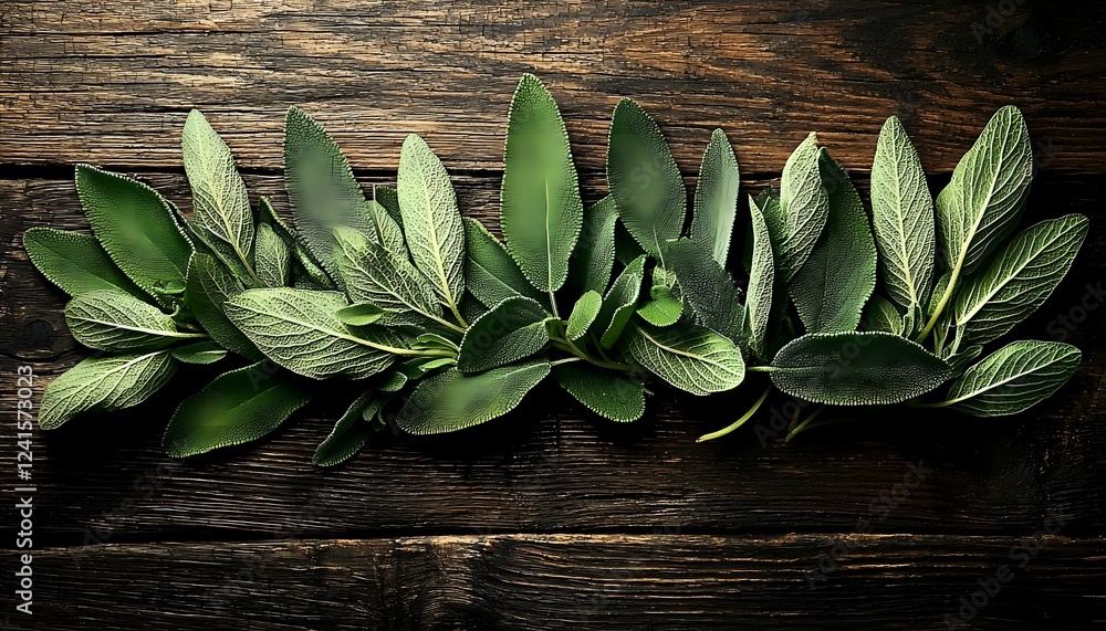 Fresh green sage and bay leaves arranged in decorative border on dark rustic wooden background, aromatic herbs for cooking and seasoning. Fresh green sage and bay leaves arranged in decorative border on dark rustic wooden background, aromatic herbs for cooking and seasoning.
