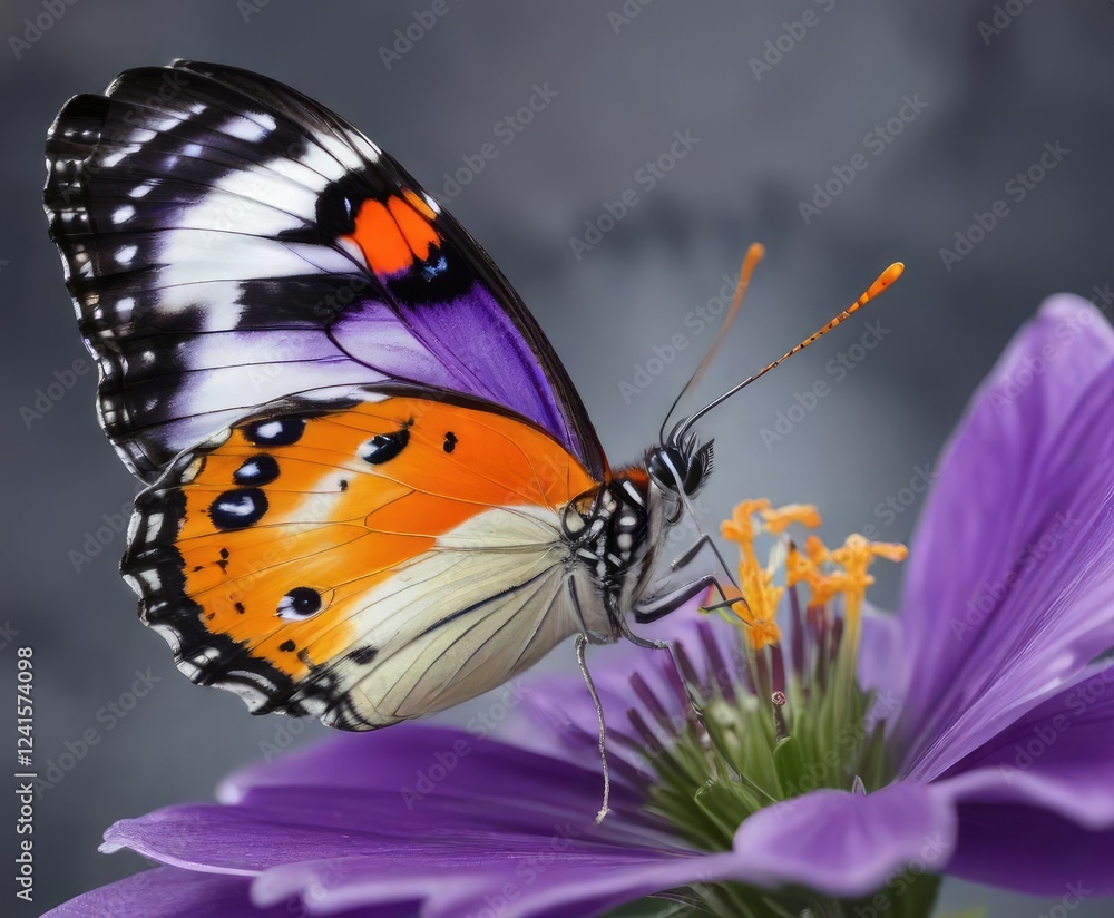 Detailed image of the underside of a purple flower where an orange tip butterfly rests, orchids, flora of europe, summer blooms Detailed image of the underside of a purple flower where an orange tip butterfly rests, orchids, flora of europe, summer blooms