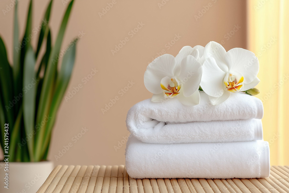 Stack of white spa towels with orchids on bamboo mat. White towels and orchids for spa and relaxation decor. Spa towels with white orchids Stack of white spa towels with orchids on bamboo mat. White towels and orchids for spa and relaxation decor. Spa towels with white orchids