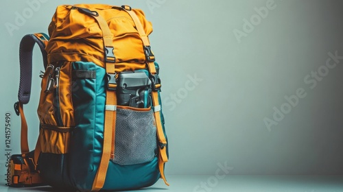 A vibrant, multicolored backpack with multiple compartments, designed for outdoor adventures and travel, set against a soft backdrop. photo