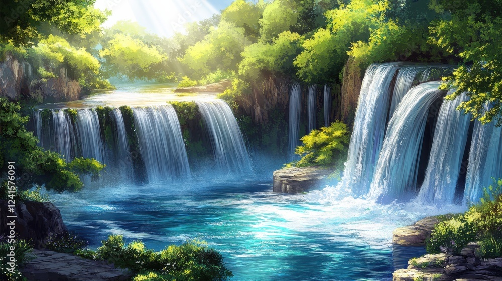 Naklejka premium Serene Waterfalls in Lush Green Landscape
