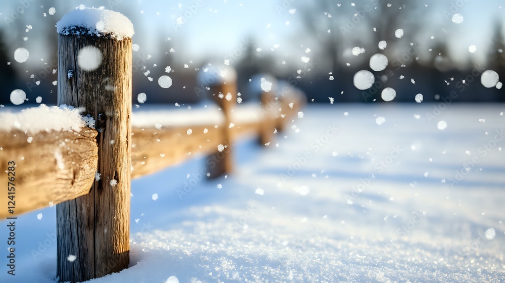 Fototapeta premium Wooden fence post covered in fresh snow during winter snowfall with blurred background and bokeh snow effect creating magical seasonal atmosphere.