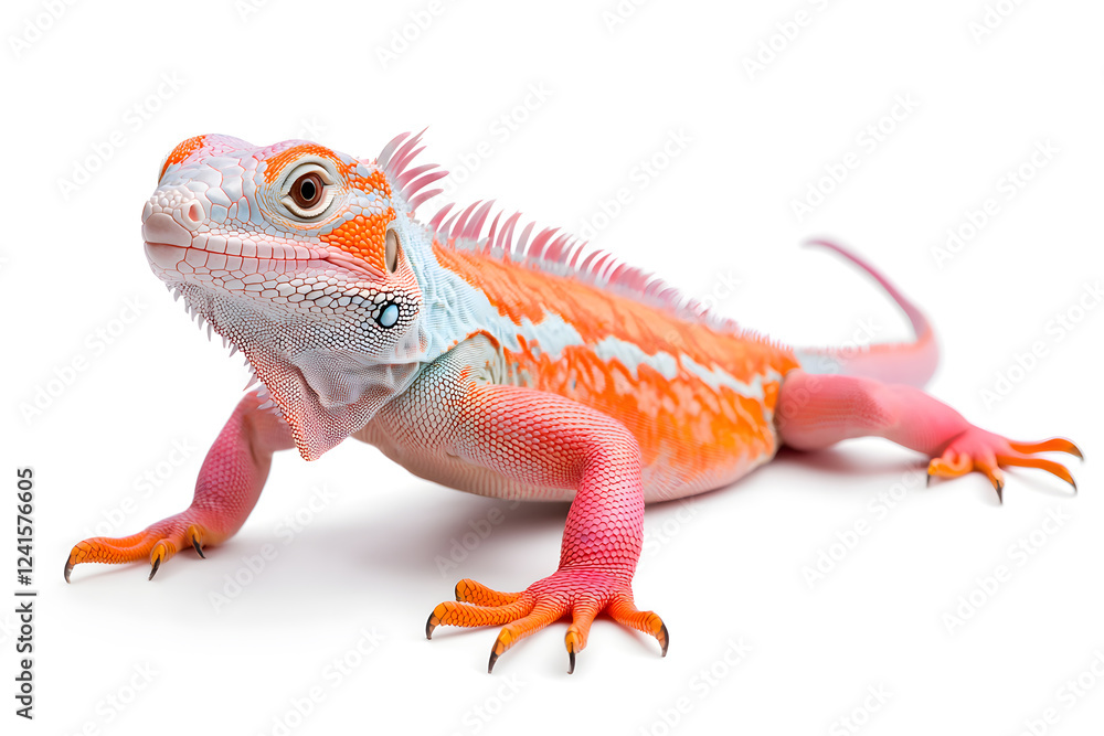 Naklejka premium Rainbow color reptilian Iguana sitting on white backdrop