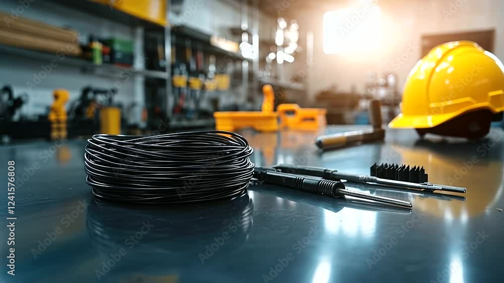 A coil of heavy-duty black electrical wiring on a sleek stainless-steel workbench, paired with a screwdriver set, cable ties, and a rugged construction helmet in the scene. A coil of heavy-duty black electrical wiring on a sleek stainless-steel workbench, paired with a screwdriver set, cable ties, and a rugged construction helmet in the scene.
