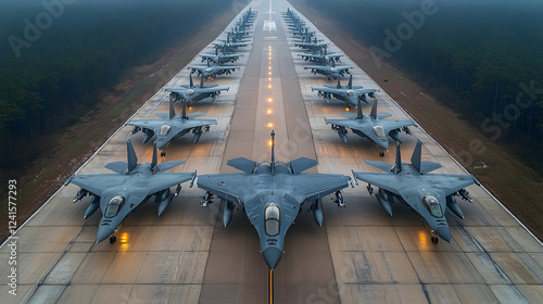 Fighter jets lined up on runway, foggy morning, military airbase, ready for takeoff