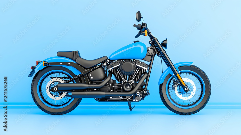 Obraz premium Blue cruiser motorcycle, studio shot, light blue background, transportation advertising