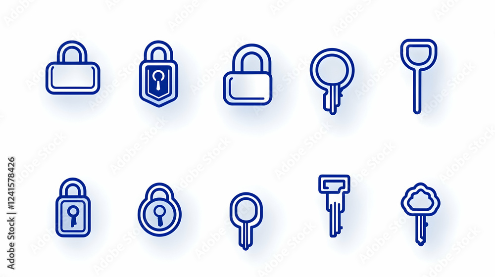 Blue lock and key icons, security, design elements, white background, graphic resource Blue lock and key icons, security, design elements, white background, graphic resource