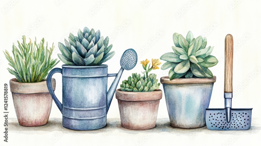 Fototapeta premium A charming watercolor illustration of potted succulents and a watering can, highlighting a serene gardening theme.