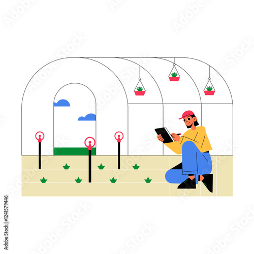 Female Agronomist Using Tablet For Greenhouse Monitoring, Flat Vector Illustration Symbolizing Smart Farming And Precision Agriculture, Isolated On White Background