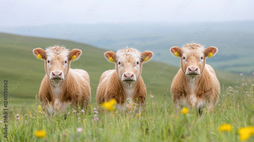 Fototapeta premium Three calves graze in a field, hills in background; farming image