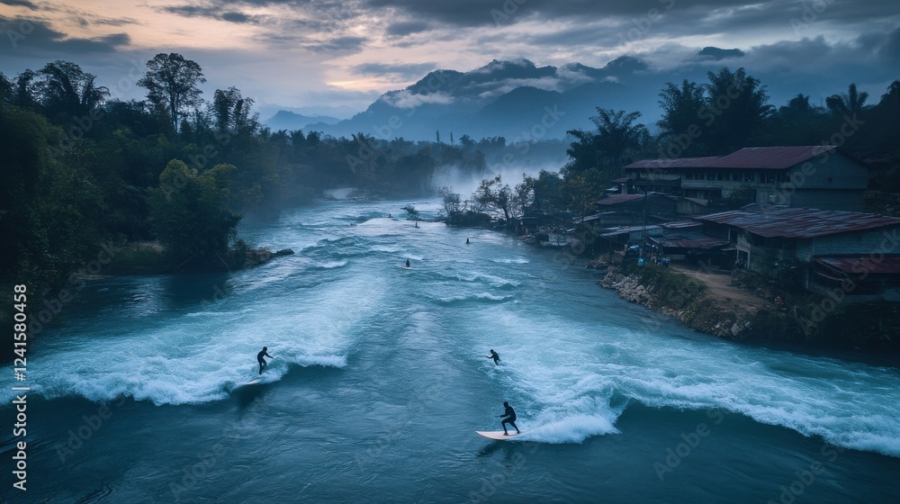 Fototapeta premium Surfers Riding Waves in a Scenic River Landscape