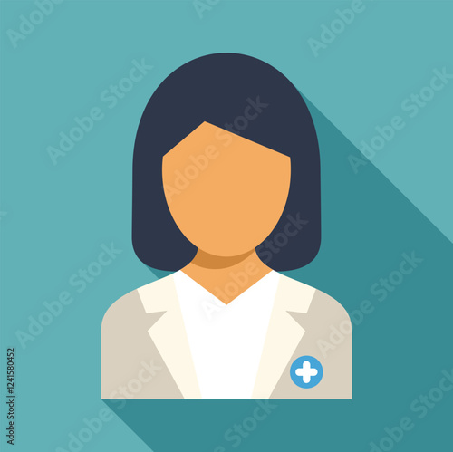 Flat design icon of a female doctor avatar wearing lab coat with medical cross symbol, healthcare and medicine concept