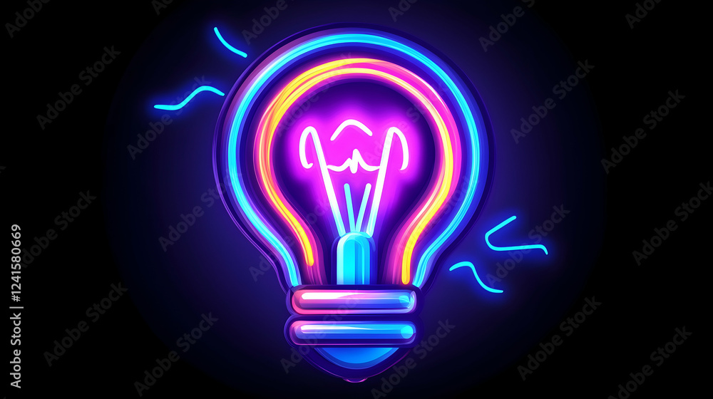 Colorful neon lightbulb idea concept, dark background, energy efficiency, website banner Colorful neon lightbulb idea concept, dark background, energy efficiency, website banner