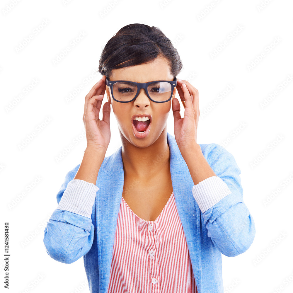 Portrait, wow and woman with glasses for vision, eye care or fashion isolated on a transparent png background. Face, surprise and shocked person with frame, prescription lens and optometry in Brazil