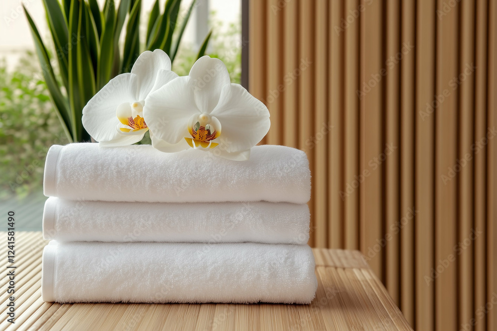 Stack of spa towels with white orchids flower arrangement. Spa towels and orchids on wooden surface. White spa towels with orchids Stack of spa towels with white orchids flower arrangement. Spa towels and orchids on wooden surface. White spa towels with orchids