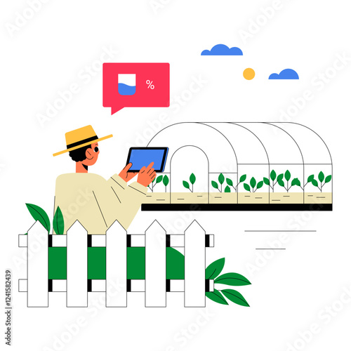 Smart Farming, Male Farmer Using Digital Tablet To Monitor Greenhouse Conditions. Flat Vector Illustration Symbolizing Modern Agriculture And Precision Farming, Isolated On White Background