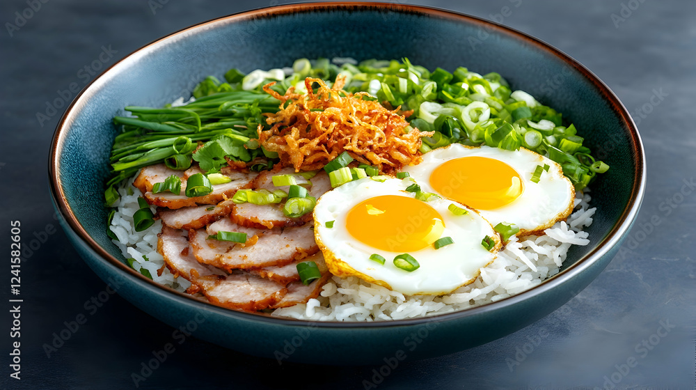 Delicious rice bowl with fried eggs, pork, and scallions; healthy lunch; dark background; food photography; recipe illustration Delicious rice bowl with fried eggs, pork, and scallions; healthy lunch; dark background; food photography; recipe illustration
