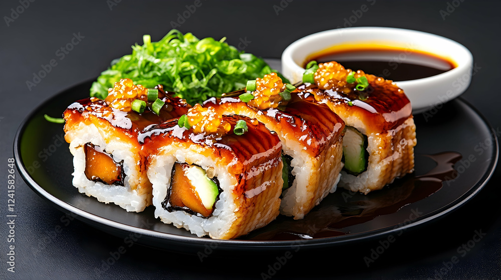 Delicious unagi sushi rolls, garnished with tobiko, served with soy sauce and scallions. Perfect for restaurant menus or food blogs Delicious unagi sushi rolls, garnished with tobiko, served with soy sauce and scallions. Perfect for restaurant menus or food blogs