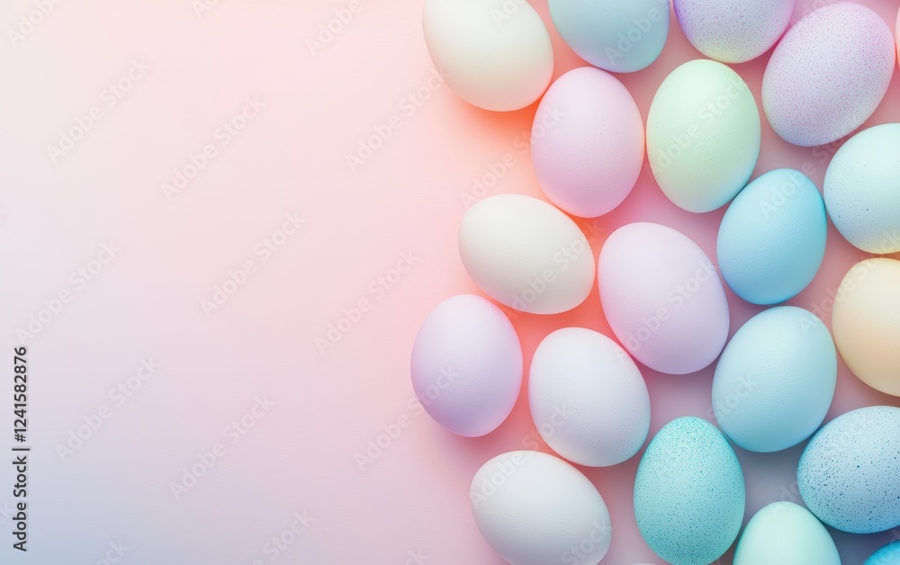 Dreamy mockup background with space for text designed with softly glowing pastel-colored Easter eggs arranged in a gradient pattern for a smooth artistic look for Easter