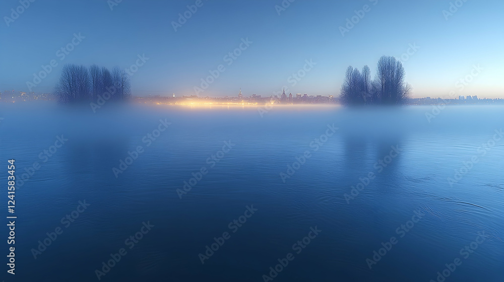Fototapeta premium Foggy sunrise over calm river, city lights in distance, winter landscape, serene nature scene, ideal for travel or nature websites