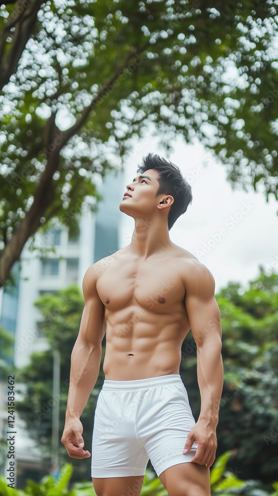 Sporty Handsome Asian Male Model in White Underwear with Athletic Fit Body Sporty Handsome Asian Male Model in White Underwear with Athletic Fit Body