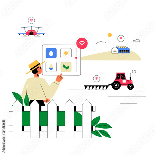 Smart Farming System With Male Farmer Using Digital Panel, Flat Vector Illustration Symbolizing Precision Agriculture, IoT Farming, And Agricultural Technology, Isolated On White Background