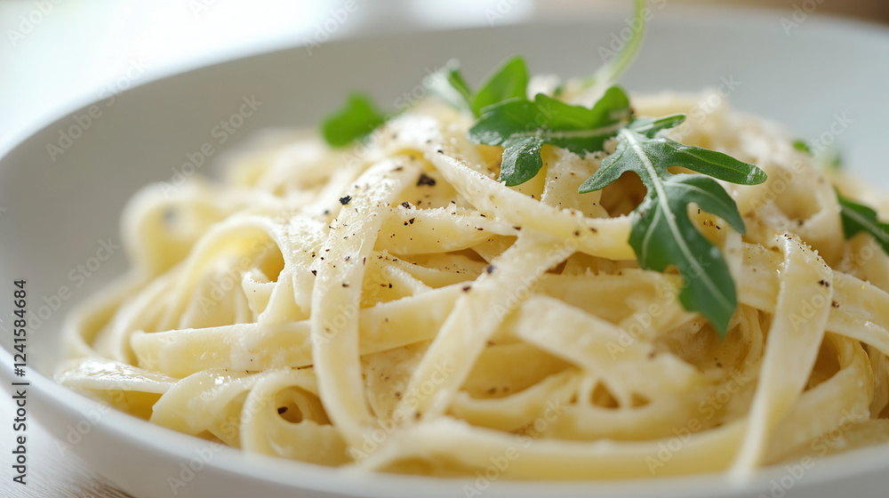 Delicious lemon ricotta pasta with arugula presented in a kitchen bathed in soft daylight Delicious lemon ricotta pasta with arugula presented in a kitchen bathed in soft daylight