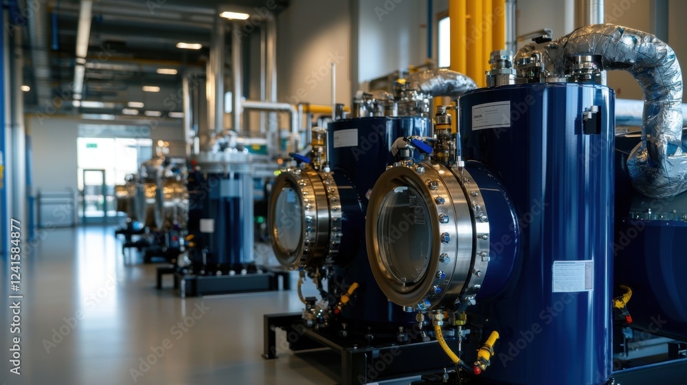 Fototapeta premium A row of blue tanks with clear lids