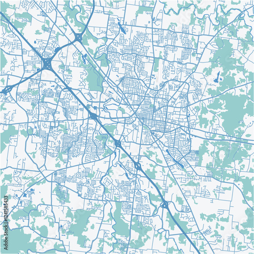 Map of Murfreesboro in Tennessee in a professional blue style. Contains layered vector with roads water, parks, etc.