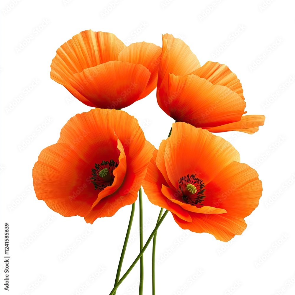Fototapeta premium Vibrant orange poppies elegantly arranged with delicate petals and slender stems, showcasing nature's beauty.
