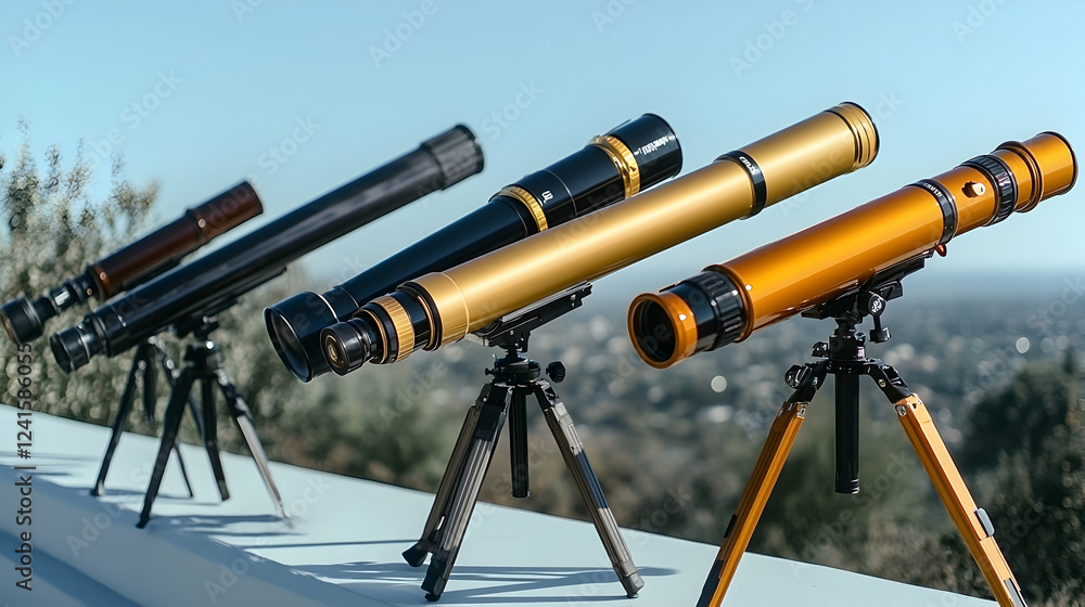 Four telescopes on tripods overlooking a sunny landscape; for astronomy or science articles Four telescopes on tripods overlooking a sunny landscape; for astronomy or science articles