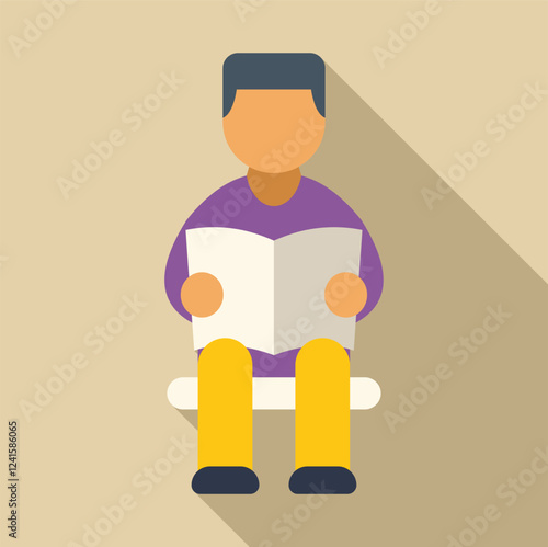 Young man reading newspaper while sitting and waiting, in a simple flat design with long shadow