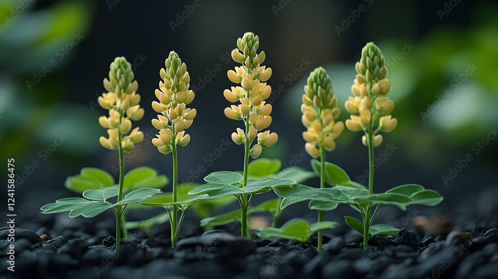 Four yellow lupines growing in dark soil, nature background, for growth and environmental themes Four yellow lupines growing in dark soil, nature background, for growth and environmental themes