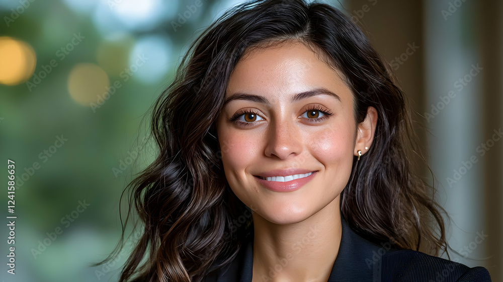 Smiling woman portrait, indoor office, bokeh background, professional headshot Smiling woman portrait, indoor office, bokeh background, professional headshot