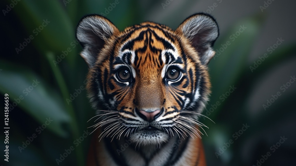 Fototapeta premium Cute tiger cub portrait, jungle foliage background, wildlife conservation